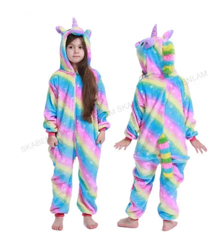 Rainbow Star Unicorn Onesie/Детская Пижама кигуруми с единорогом; зимняя Пижама с пандой; Пижама с единорогом для мальчиков и девочек; Фланелевая пижама с животными для костюмированной вечеринки; одежда для сна с капюшоном - Цвет: Rainbow Star Unicorn