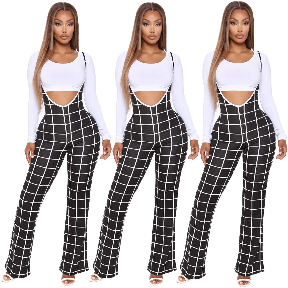 

Chiclover Jump Suits for Women Lounge Black and White Plaid Suspender Romper Overalls Jumpsuit Streetwear Wholesale Dropshipping