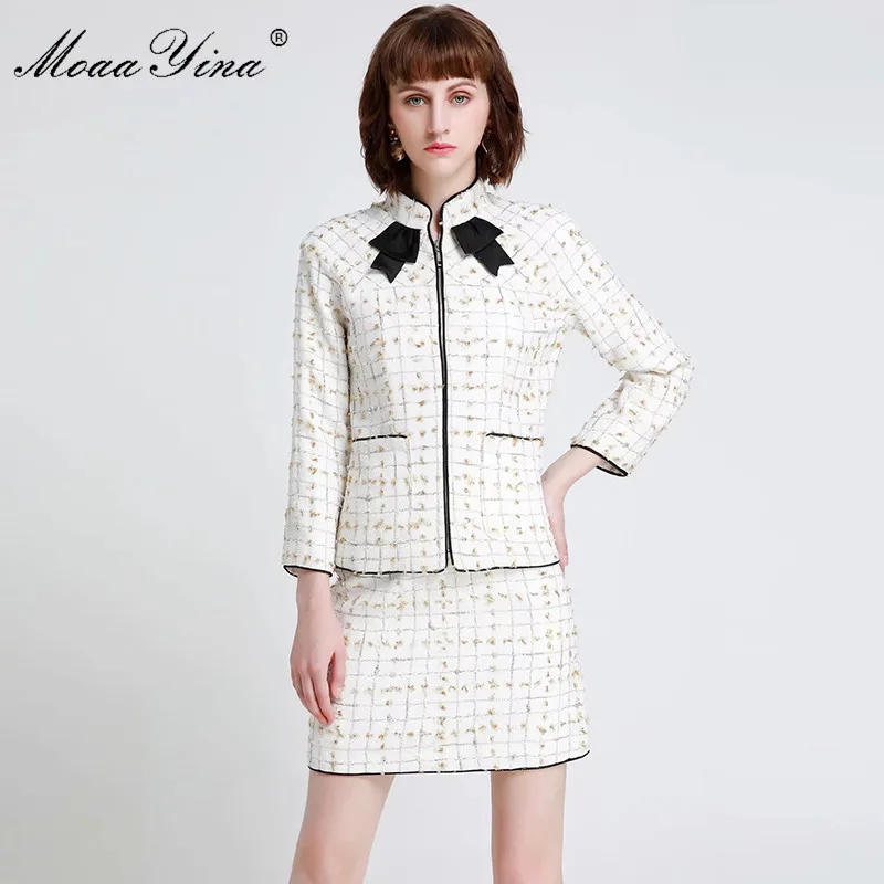 MoaaYina Fashion Designer Runway Suit Spring Women Long sleeve Plaid Elegant Tops+Short skirt high quality Two-piece set | Женская