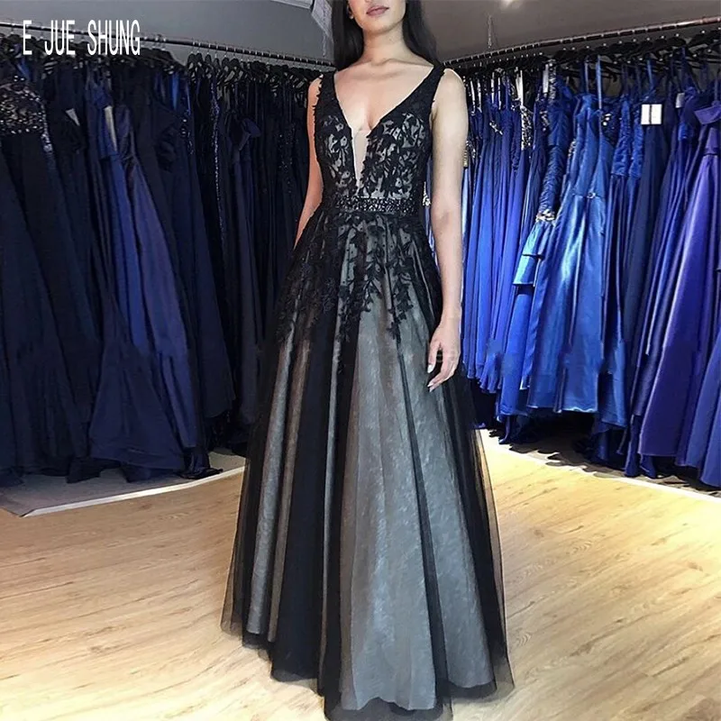 

E JUE SHUNG Black And champagne Evening Dresses V Neck Lace Appliques Formal Party Dresses A Line vestidos de fiesta Prom Gowns