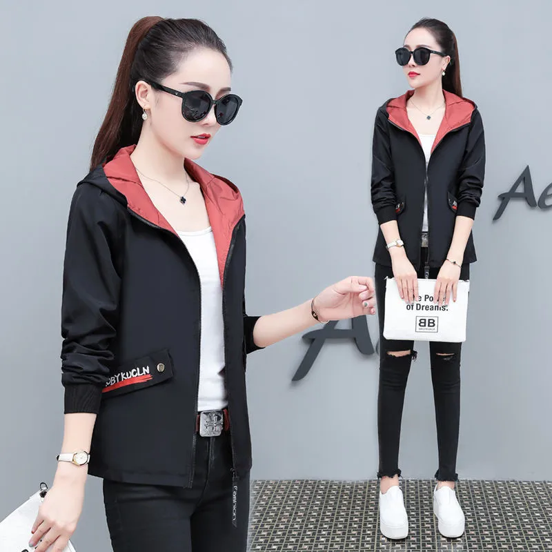 Женская Повседневная ветровка с капюшоном легкая осенняя куртка на молнии