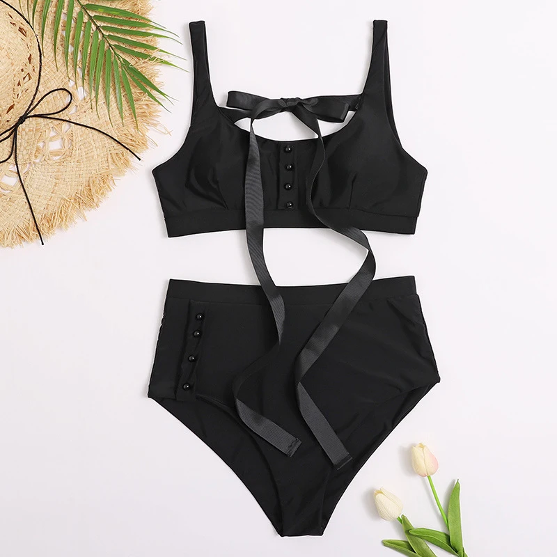 

MYTENG Sexy Solid 2 Piece Set Bikinis Swimming Suit for Women High Waist Swimwear Push Up Beachwear Bow Tie Bandage Swimsuit