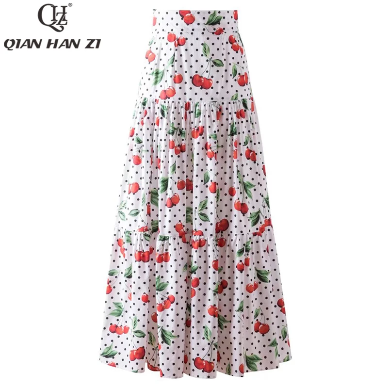 

Qian Han Zi designer fashion runway Maxi skirt vintage Cherry dots print Vacation cotton Long skirt Women Spring summer elegance