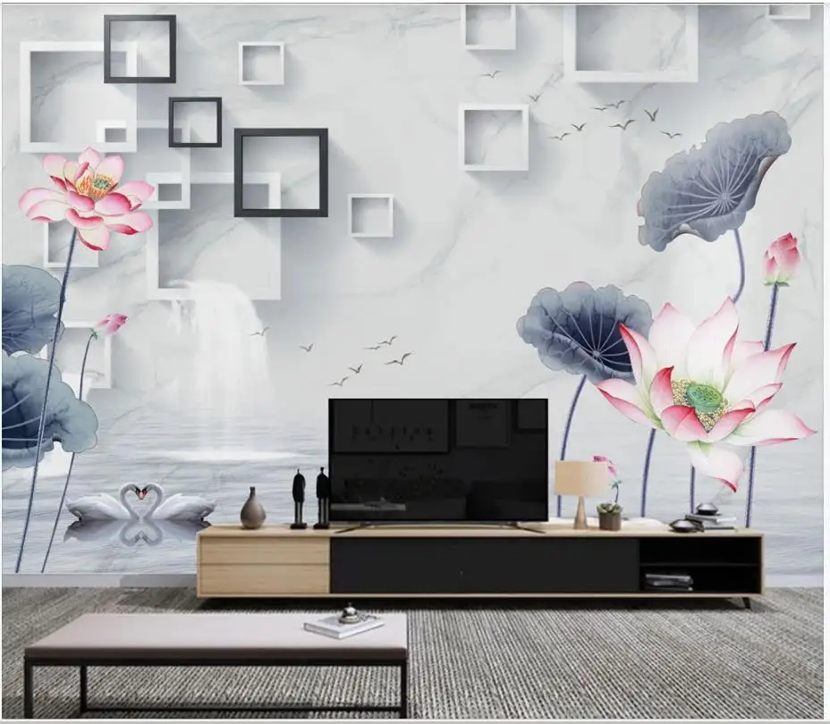 

Custom photo wallpaper 3d mural wallpaper for walls 3d New Chinese style 3D waterfall lotus flower marble background wall papers