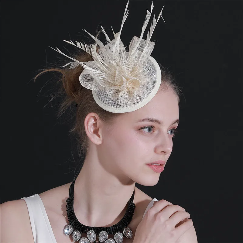 

Elegant Female Women Fascinator Hat Sinamay Cocktail Tea Party Headpiece Fancy Feathers Ladies Wedding Fedora Hat Accessories