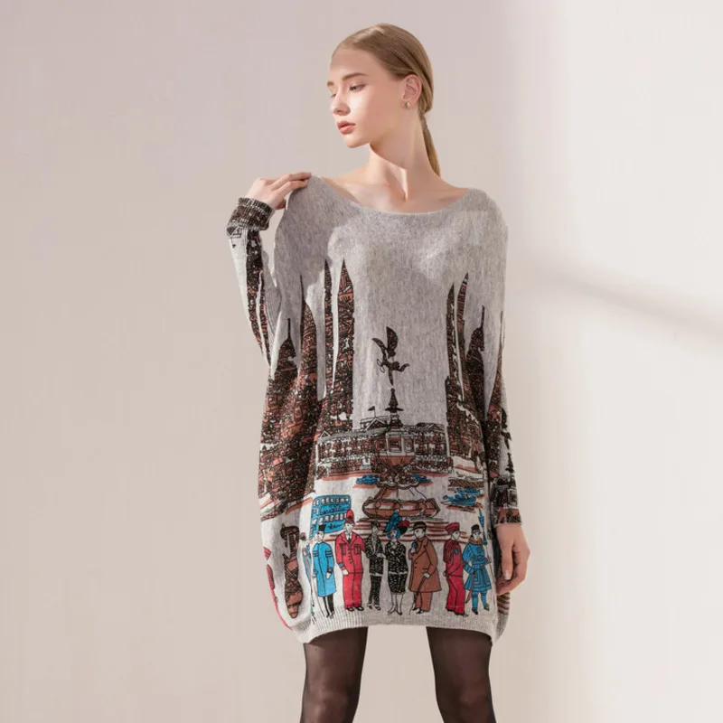 

Autumn Women's Ugly Sweater Casual Pullover Long Sleeve Top Bat Artistic Print Loose Knitted Jumper Basic Ladies Sweater