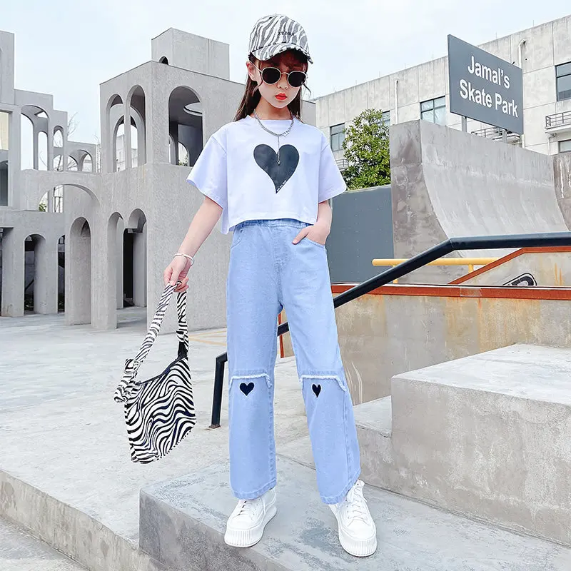 

2021 Spring Outfit Kids Clothing Sets Heart Print Short Sleeve T-Shirt + Denim Pants 2Pcs for Teenager Girls Casual Clothes Suit