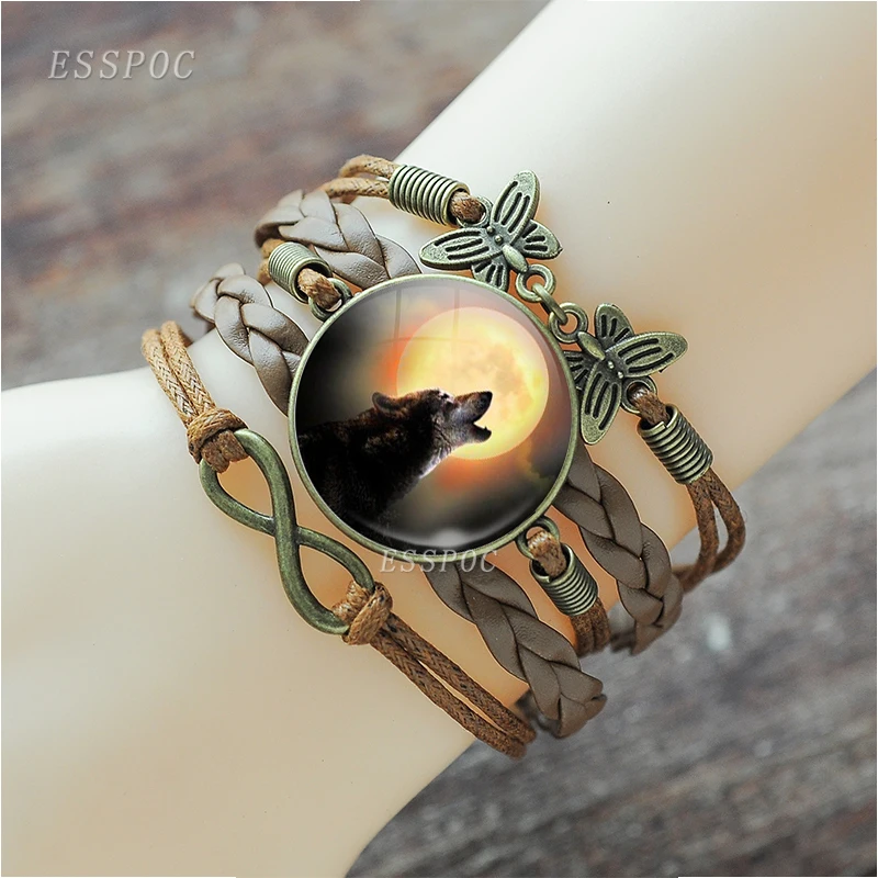 Воющий волк браслеты для женщин Мода Волк и луна ночь стекло бусина кабошон