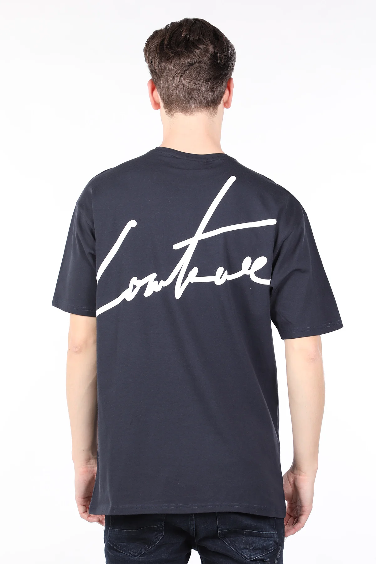 

Mens Navy Blue Written Back Bicycle Collar T-shirt