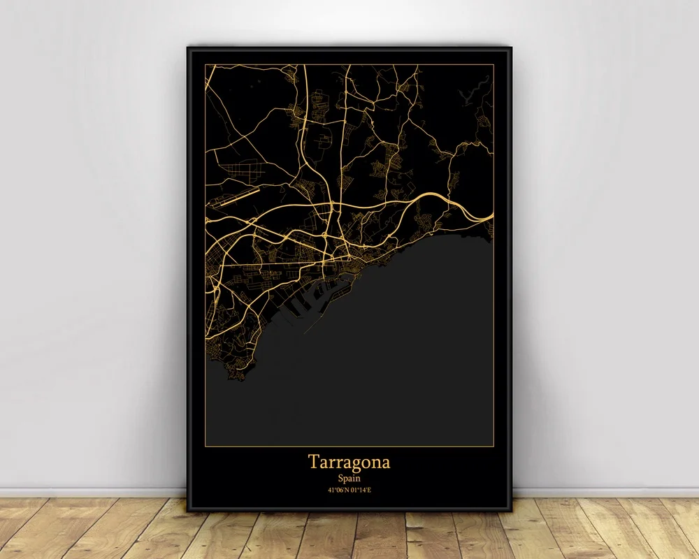 

Tarragona Spain Black&Gold City Light Maps Custom World City Map Posters Canvas Prints Nordic Style Wall Art Home Decor