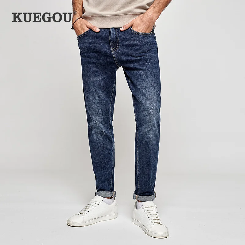 

KUEGOU Cotton Autumn Spring Clothing Jeans Scratched Wear Slim Fashion Trousers High quality Stretchy Denim Men pants LK-1840