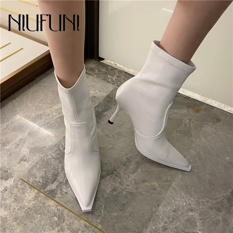 

Slim Women Boots Stiletto High Heels Ankle Boots Pointed Stretch Leather Fashion Ladies Shoes Roman Gladiator Knight Booties