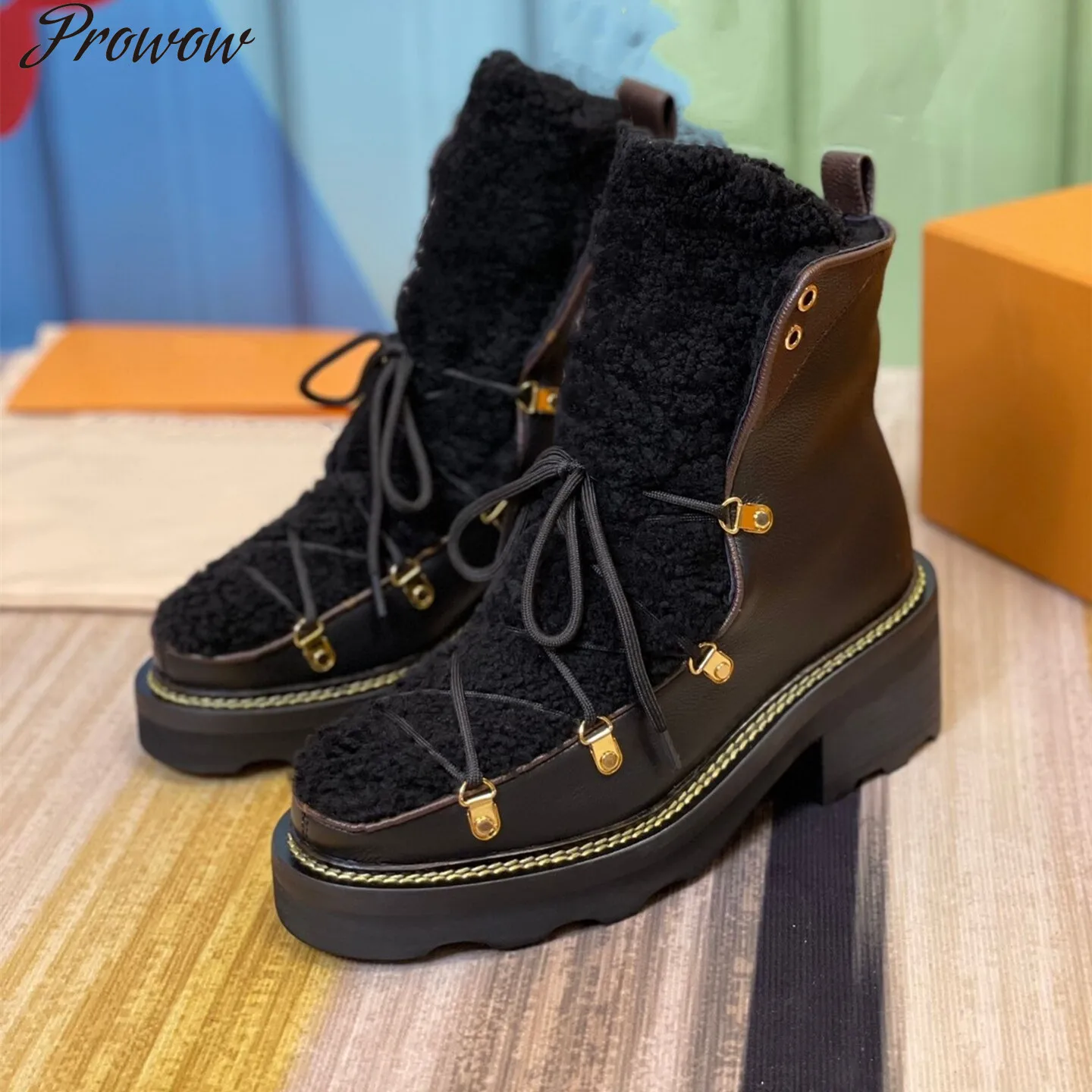 

Prowow Shoes Women Newest Winter Warm Genuine Leather Platform Wool Boots Lace-up Patchwork Designer Shoes Chunky Heels