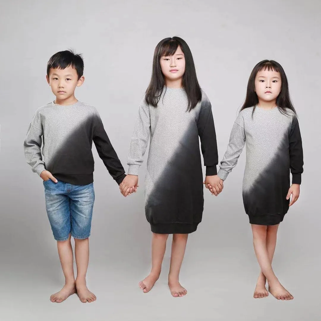 

4 to 14 Years Tie Dye Girls Dress Autumn 2021 New Teen Casual Midi Dress Kids Clothes Gray and Black Softest 100% Cotton,#6408