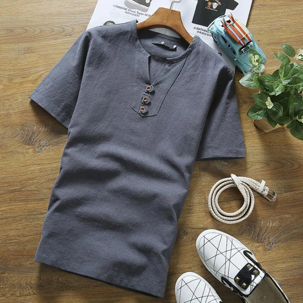 Мужская льняная летняя Однотонная футболка большого размера с коротким рукавом