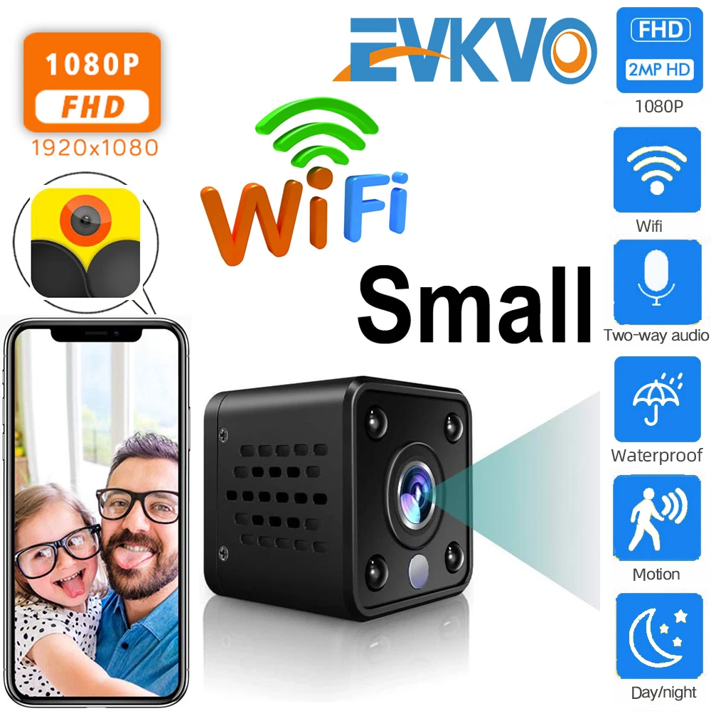 Миниатюрная IP камера EVKVO HD 1080P с Wi Fi и встроенным аккумулятором беспроводная