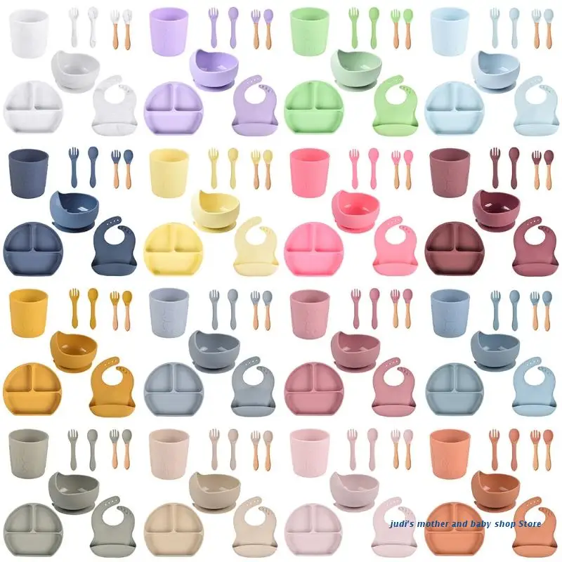 

67JC 8 Pcs Baby Silicone Bib Divided Dinner Plate Sucker Bowl Spoon Fork Cup Set Training Feeding Food Utensil Dishes