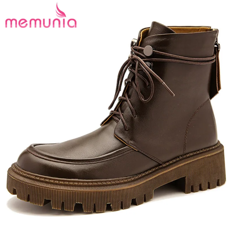

MEMUNIA 2022 New Arrive Vintage Ankle Boots Women Genuine Leather Boots Cross Tied Zip Autumn Winter Black Shoes Women Boots
