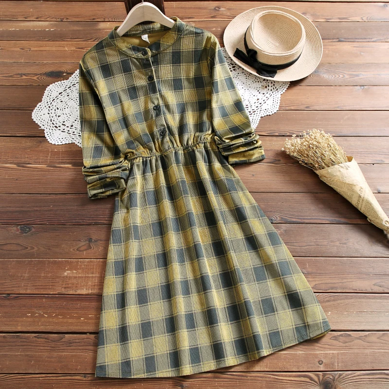 Японский Мори девушка зимнее платье женский длинный рукав проверенный плед