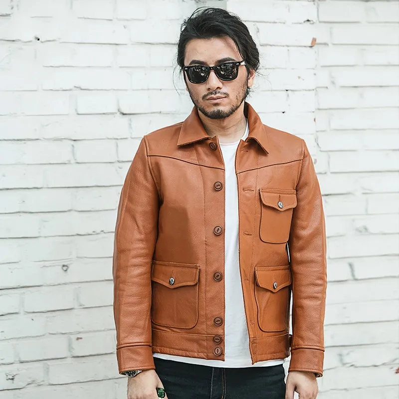 

2020 Brown Men American Casual Style Jacket Plus Size XXXL Genuine Cowhide Autumn Short Fashion Natural Leather Coat
