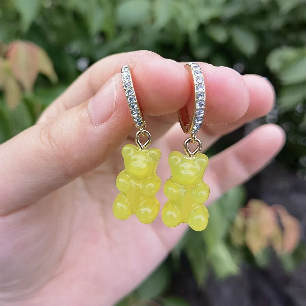 

Cute Transparent Resin Bear Earrings for Women Shiny Rhinestone Hoop Huggies Earrings Wholesale Jewelry Lady Girls Bijoux