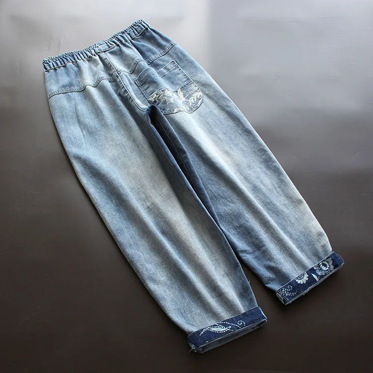 

9011New spring women's clothing artistic retro loose dad pants elastic waist printed buckle cropped pants jeans