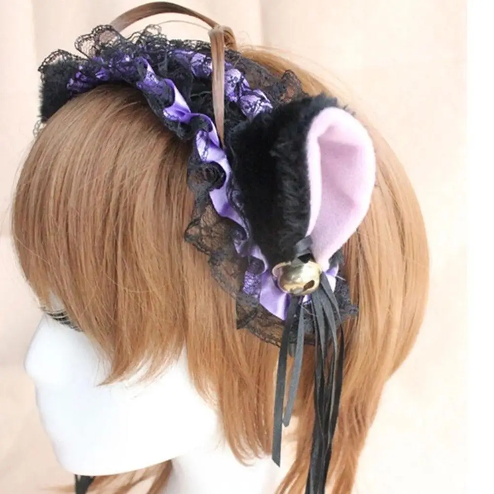 Ободок для волос Женский кружевной с оборками и кошачьими ушками плюшевый