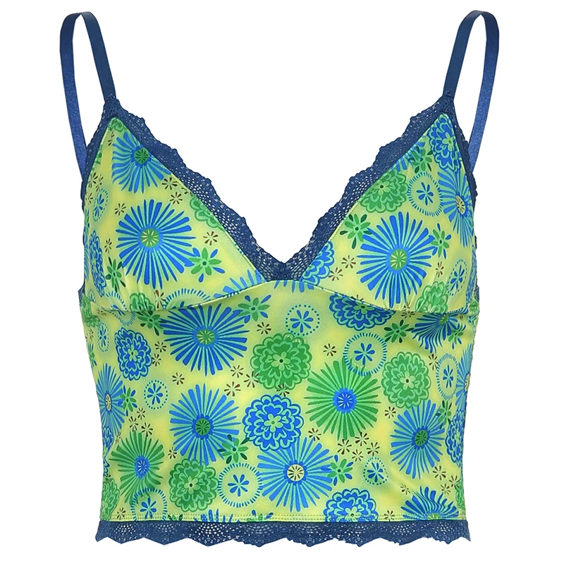 

Rockmore Vintage Print Crop Tops Women Sexy V-neck Corset Top Tanks Y2K Vest Harajuku Female Summer 90s Streetwear Camis Green