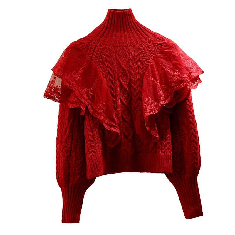 

Ruffled Embroidered Turtleneck Red Sweater for Women 2021 Spring Korean Style Twist Mesh Stitching Knitwear Jumper Pullovers