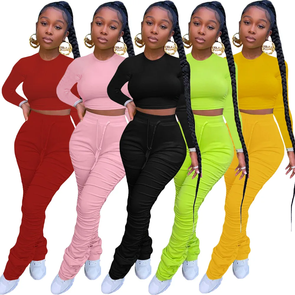 

Autumn Two Piece Set Women Solid Color Long Sleeve O- Neck Casual Crop Top Stacked Pants Sport Outfit Wholesale Dropshpping 2020