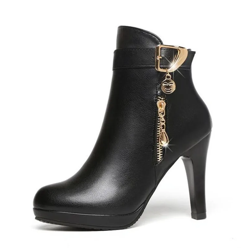 

BZBFSKY2021Women High Heel Shoes Short Tube Boot Leather Zipper Solid Color Round Toe Shoes women shoes autumn boots