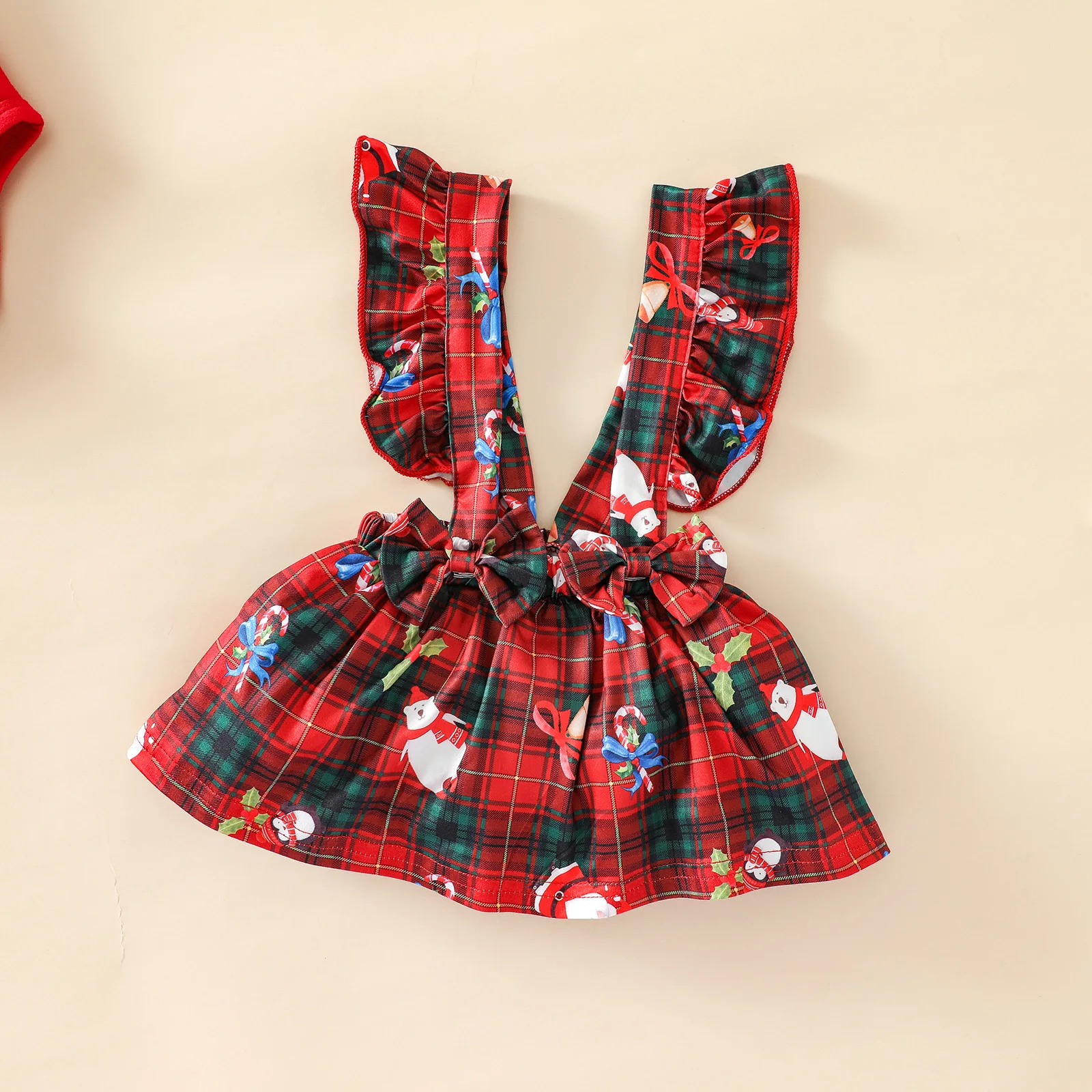 

3Pcs Baby Girls Christmas Clothes Sets Letter Print Long Sleeve O-Neck Playsuit+Plaid Overalls+Bowknot Headband,0-24Months