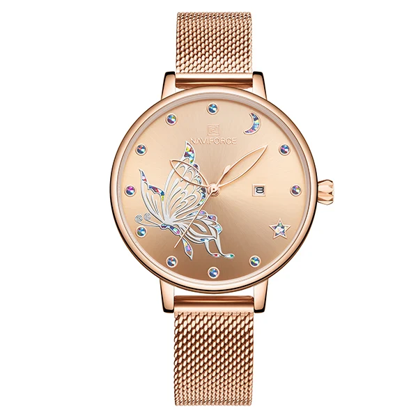 NF5011-RoseGold NAVIFORCE, новинка, женские часы, уникальная бабочка, нержавеющая сталь, сетчатый Браслет, кварцевые наручные часы для дам, девушек, модный подарок - Цвет: NF5011-RoseGold