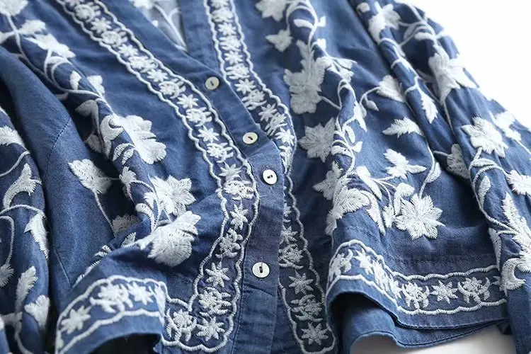 Женский джинсовый кардиган блузка-пончо с вышивкой кимоно открытыми плечами