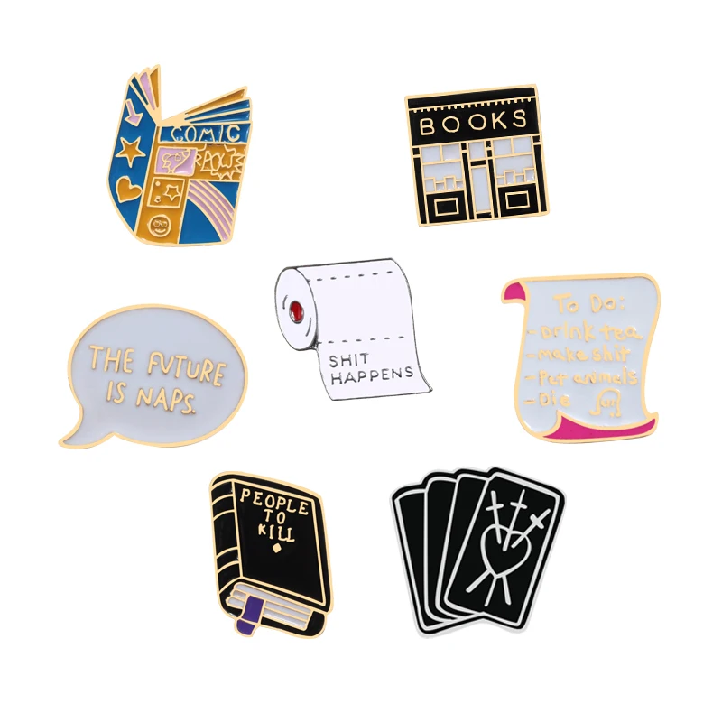 

Cartoon Books Pins Comic book Roll paper Playing cards Icons Button Badge Enamel Lapel Pin Funny Jewelry Gifts Brooch Collection