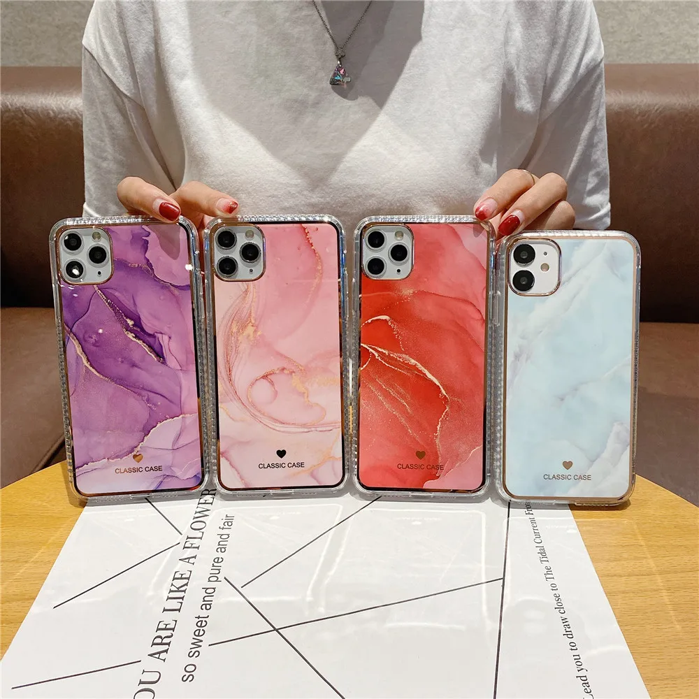 Marble Back Case for iPhone 12 mini 11 Pro Max XR XS SE2020 7 8 Plus Phone Cases Luxury Plating IMD Clear Frame Shockproof Funda | Мобильные