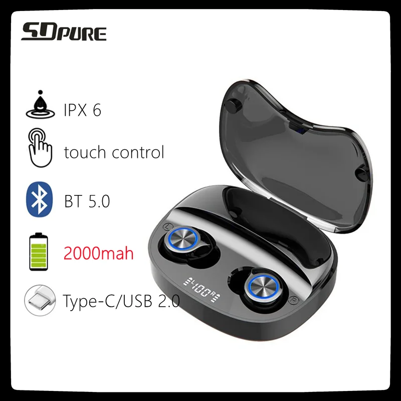 

SDpure 2000 мАч батарея наушники-вкладыши TWS с можно заряжать телефон как Дополнительный внешний аккумулятор, bluetooth наушники, IPX6 из водонепроница...
