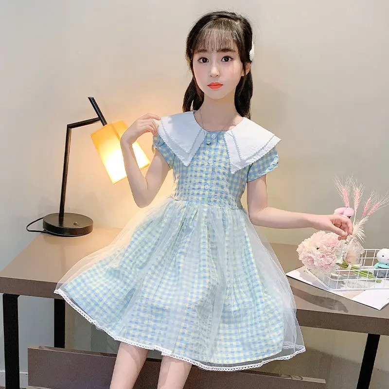 

Girls dress summer 2021 new medium and large children princess dress little girl summer fresh and western plaid skirt