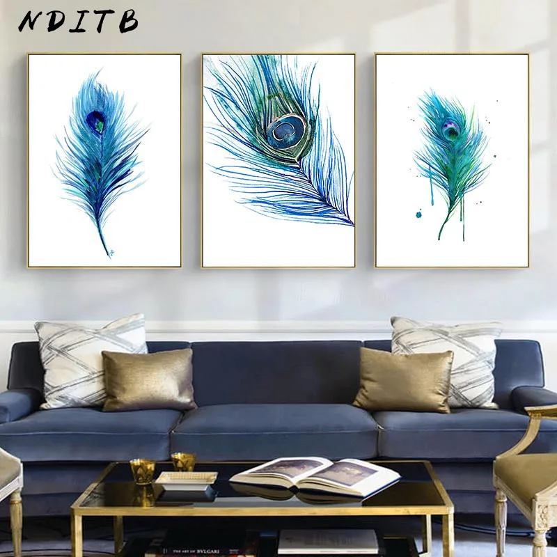 Абстрактный постер с акварельными павлиньими перьями минималистичный настенный