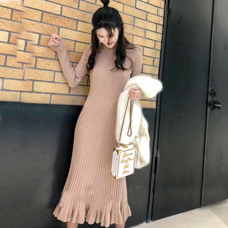 

New 2020 Autumn Winter Women's Sweaters Dress Solid Knitted Long Sleeve Fishtail Dresses Female Chic Slim Bottoming Knitwear