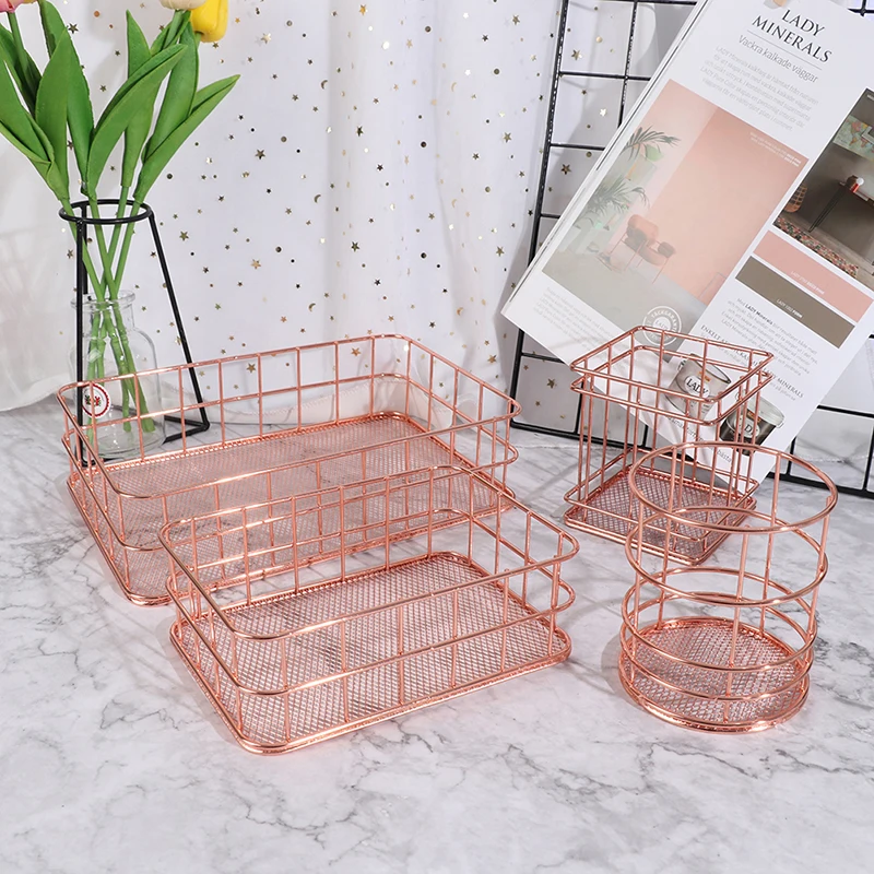 Rose Gold Iron Pen Holder Nordic Makeup Organizer Basket Eyeliner Brush Set Storage Cup Makeup Cosmetic Organizer