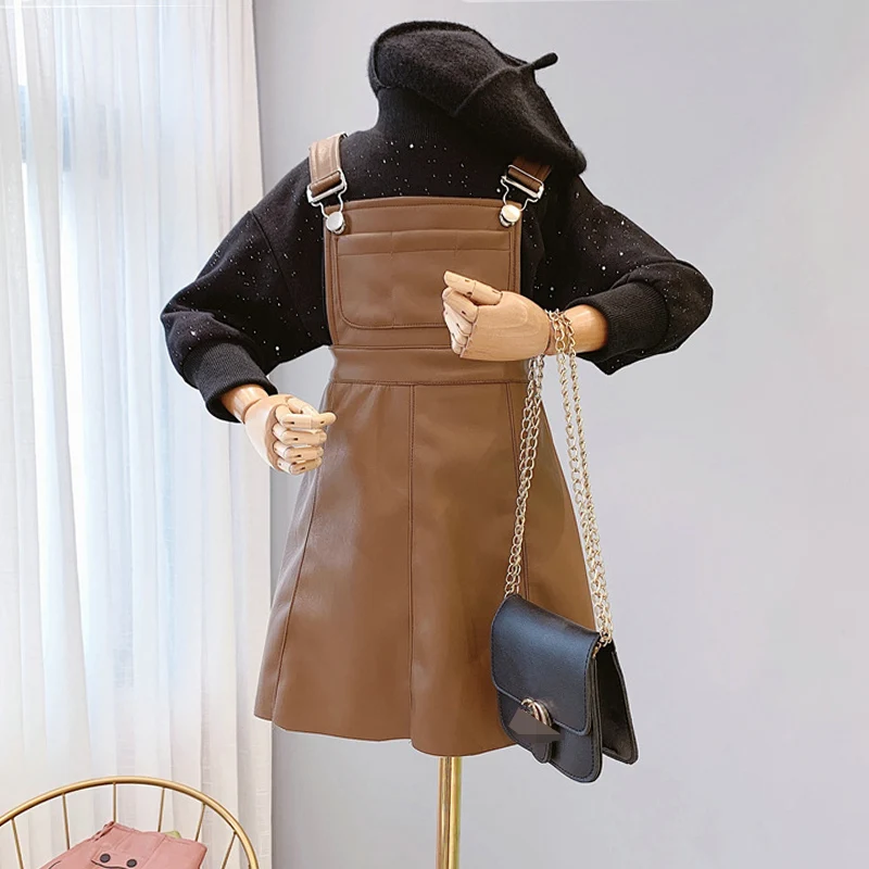 Весенне осенняя юбка из искусственной кожи для девочек на подтяжках малышей