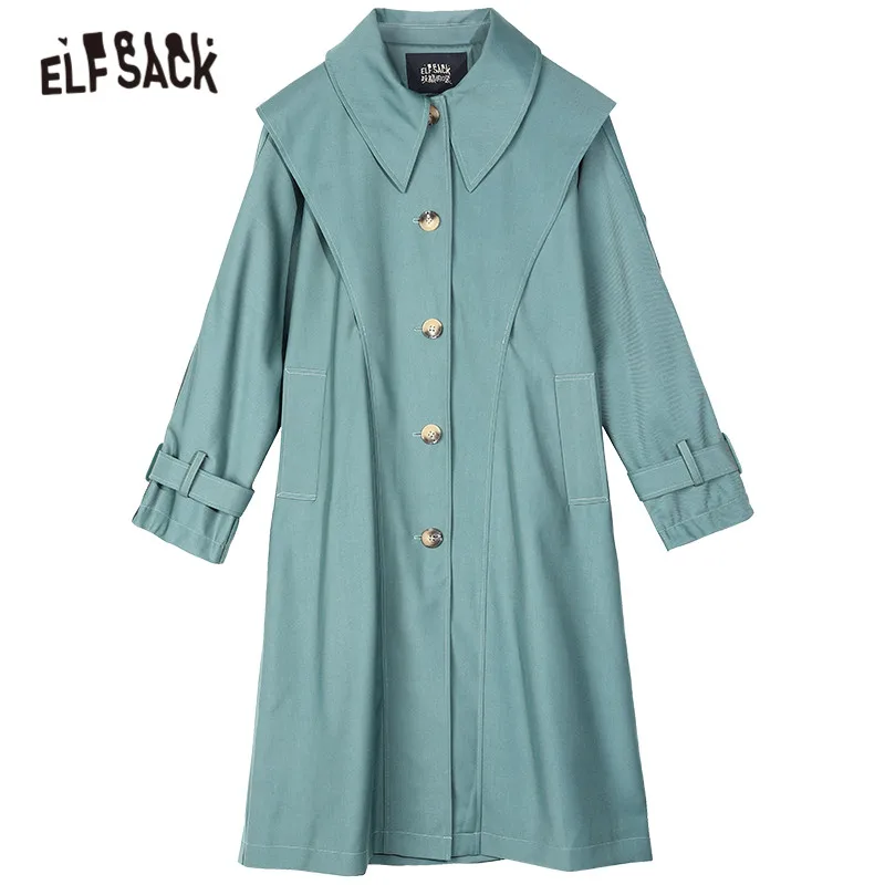 

ELFSACK Green Solid Single Breasted Casual Women Trench Coat,2020 Autumn ELF Pure Full Sleeve Korean Office Ladies Daily Outwear