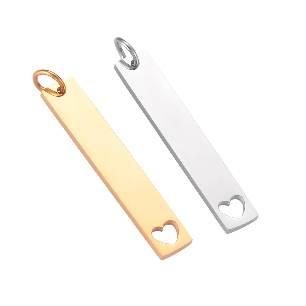5Pcs/Lot Customizable Text Stainless Steel Polishin Rectangular Hollow Out Heart Pendant For DIY Necklace Jewelry Making Finding