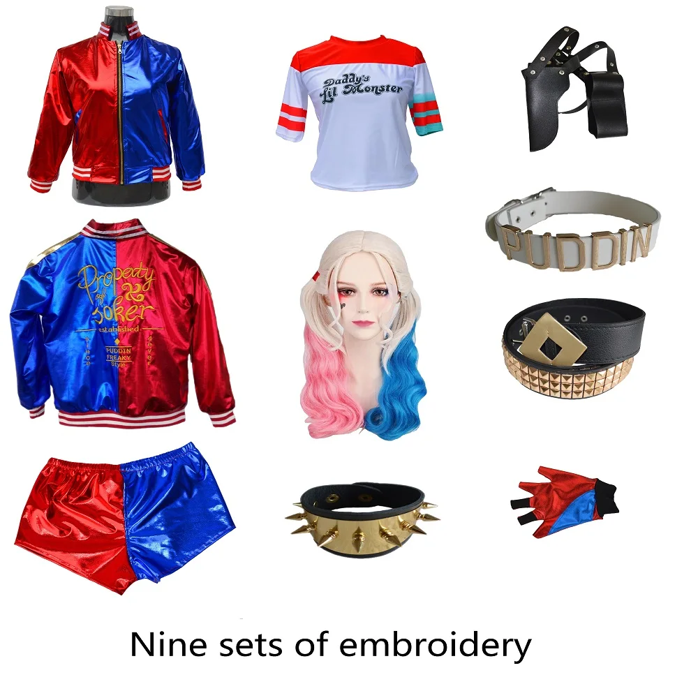 Suicide cosplay Costumes Harley Squad Quinn Monster T Shirt coat Jacket Pants Bracelet Belt necklace Gloves Accessories Full Set