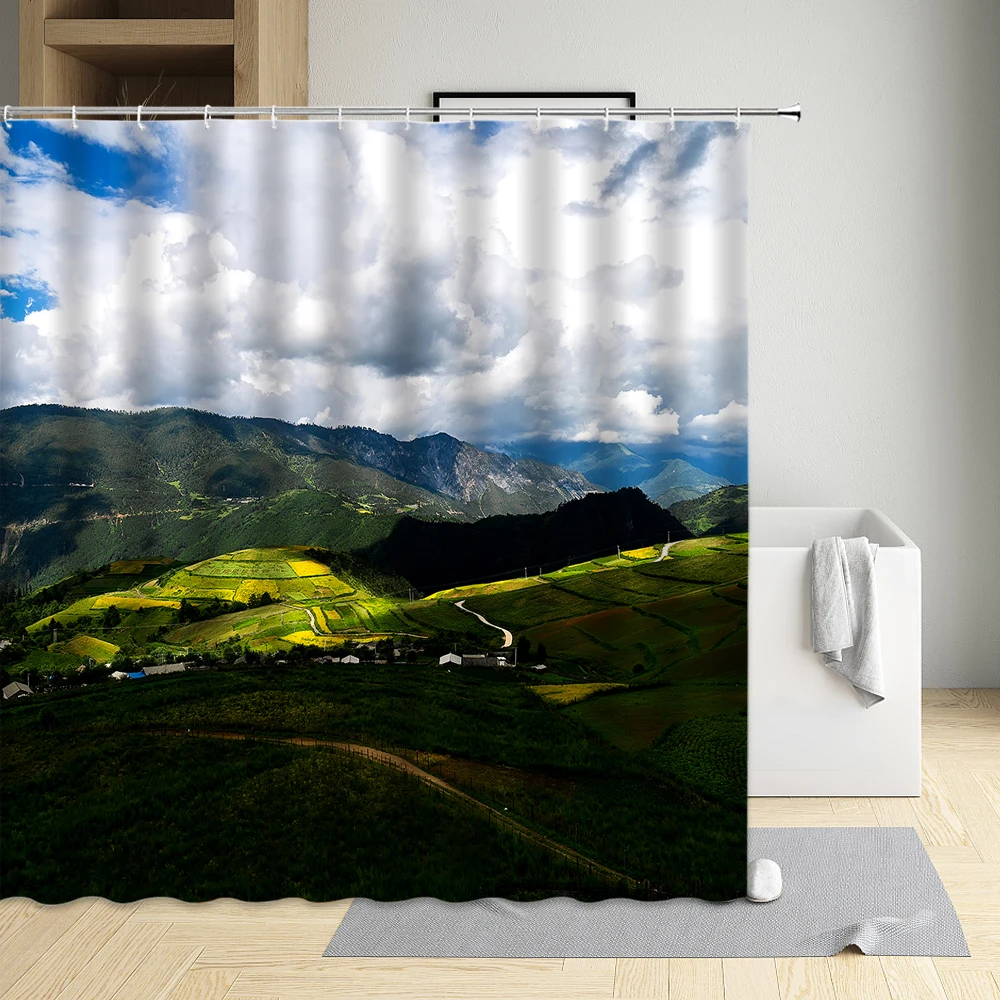 

Mountain Water Trees Modern Eco-Friendly Fabric Polyester Waterproof Cloth Shower Curtain Bathtub Decor Bath Screen With Hooks
