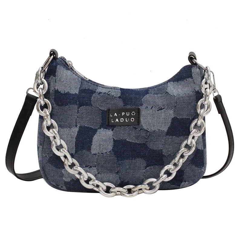 

Luxury Crossbody Bag Thick Chain Denim Single Shoulder Bags Canvas Hobo Bags Women Handbag Ladies Purse Blue Casual Satchels