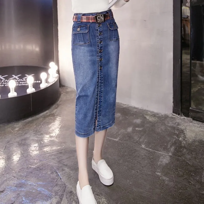 Высокая талия до середины икры Длинная женская джинсовая юбка стрейч облегающая