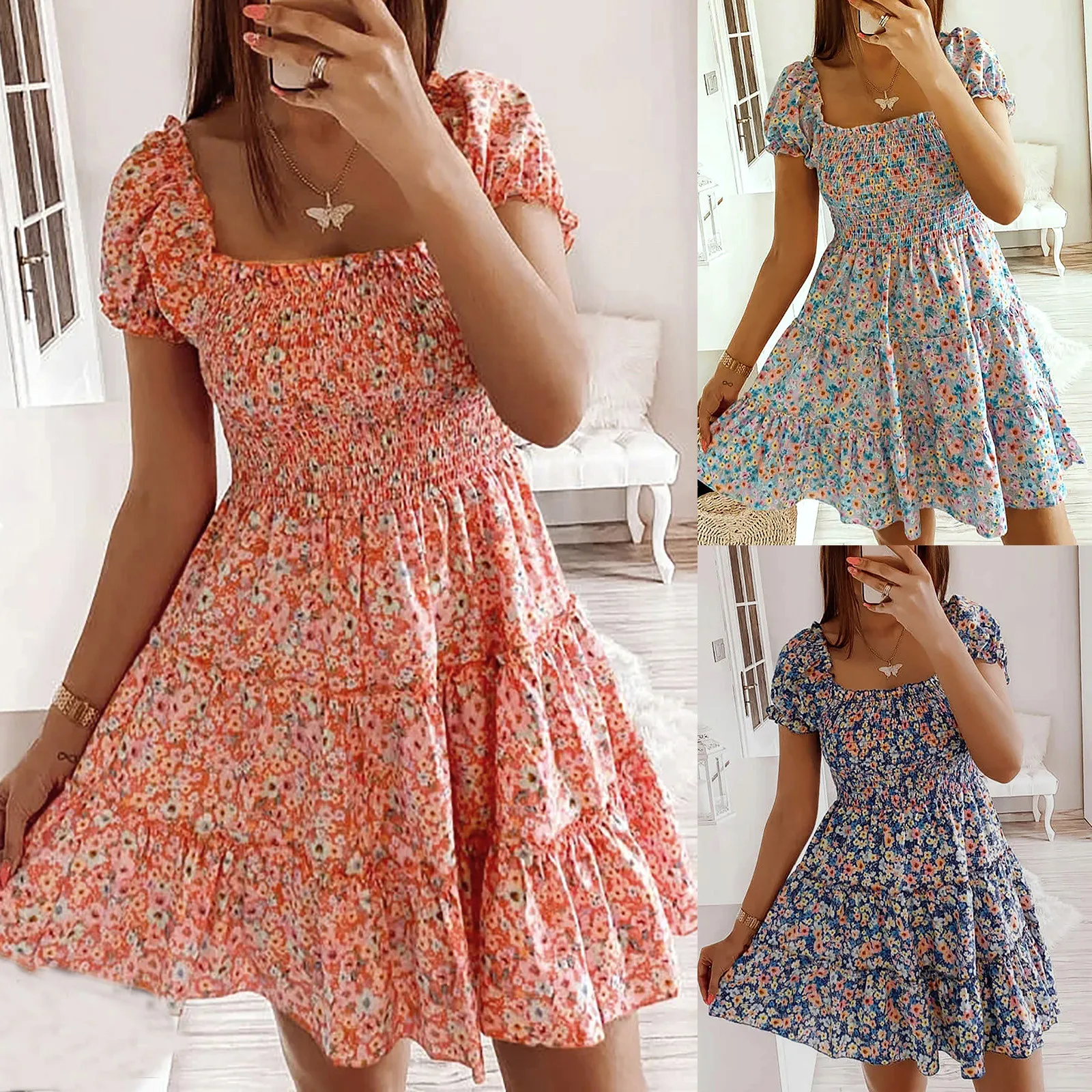 

Summer Dress Women 2021 Dresses Square Collar Short Sleeve Floral Print Robes Elegant Beach Robe Femme Été Vestido De Mujer