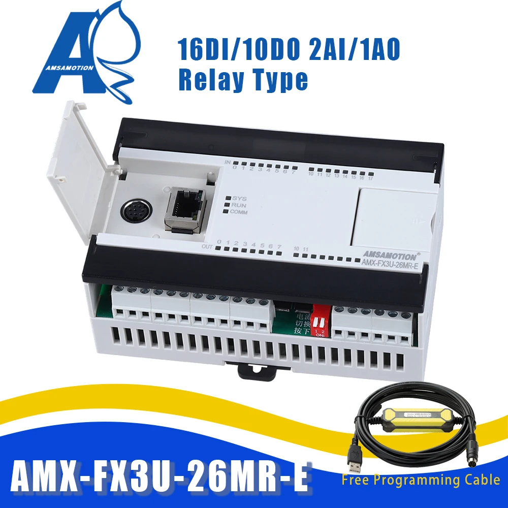 AMX-FX3U-26MR Compatible Mitsubishi MELSEC PLC Relay 2AI/1AO 16DI/10DO Ethernet MODBUS function USB-SC09-FX Programming Cable |